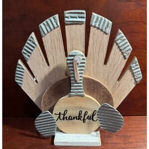 Ganz Galvanized Metal and Wood Free Standing Tabletop Thankful Turkey Decor